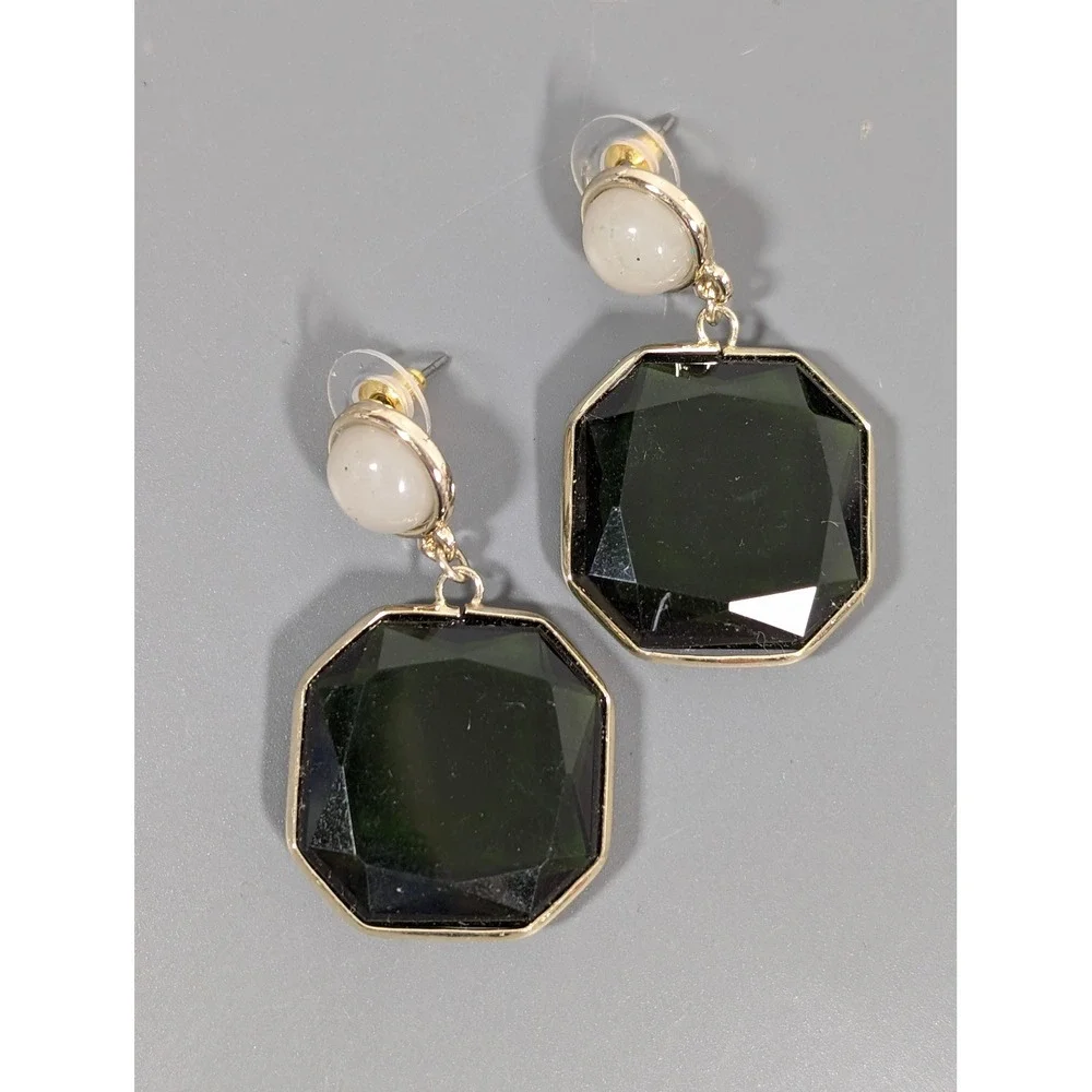 Green‎ Acrylic Bezel Set Drop Earrings Gold Tone Geometric Dangle Pierced